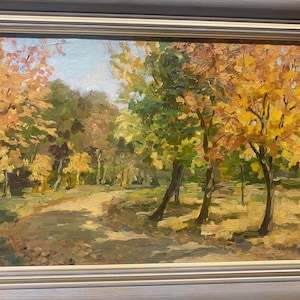 Paisagem do início do outono. Pintura a óleo vintage original emoldurada do artista Ludwick.