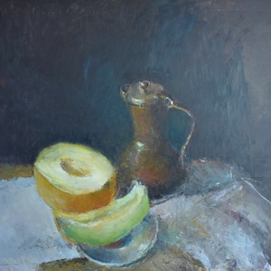 Naturaleza muerta con melón. Pintura al óleo original de un artista ucraniano contemporáneo