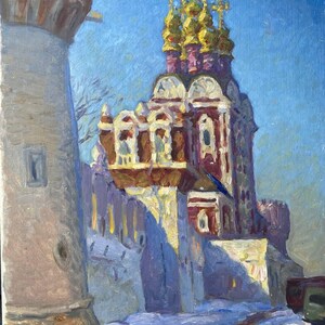 Muros da catedral da cidade. Pintura a óleo vintage original, década de 1980.