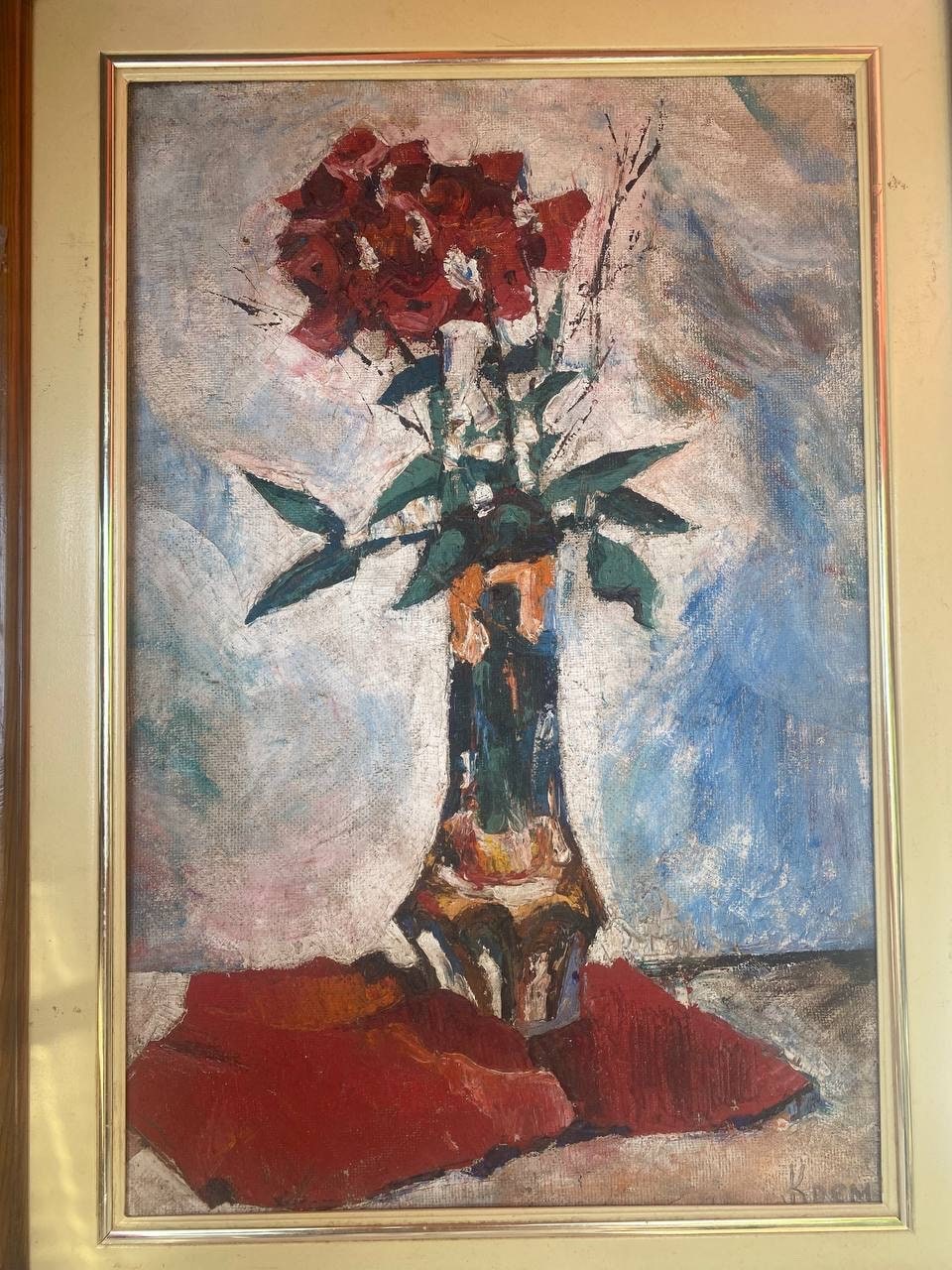 印象派の静物画、花瓶の花。額入りのヴィンテージ油絵（オリジナル