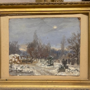 Vintage oil painting of a winter rural scene at dusk from 1950s