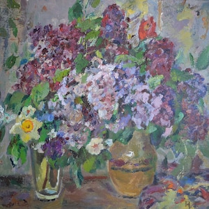 Naturaleza muerta con lilas. Pintura al óleo original de un artista ucraniano