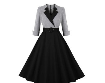 Black Plaid Vintage Elegant Ladies Rockabilly Cotton Dress Notched Collar 3/4 Sleeve Autumn Winter Women Retro Classy Office Vintage Dress