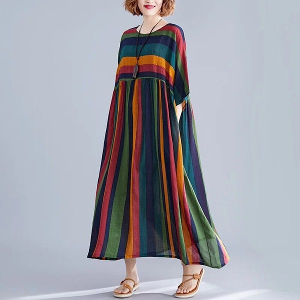 Colorful Summer Vintage Oversized Dress Cotton Stripe Colors Loose Fit Dress Vacation Bohemian Beach Dress