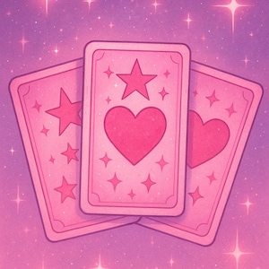 Könnte beinhalten: Drei rosa Spielkarten mit Herz-, Stern- und Diamantformen auf einem sternenklaren Hintergrund. Die Karten sind fächerförmig angeordnet, wobei die mittlere Karte ein großes Herz zeigt. Der Hintergrund ist ein Farbverlauf aus Rosa und Lila.