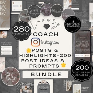 Luxury Life Coach Social Media Post, 280 Coach Instagram Canva Templates Bundle, Post Ideas&Prompts, Highlight Cover, Business and Resources