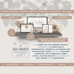 Mindset Coaching Bundle Canva Templates,  DFY Life Coaching Worksheets,Journals,Imposter Syndrome, Limiting Beliefs, Inner Critic,Self-Worth