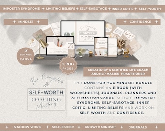 Mindset Coaching Bundle Canva Templates,  DFY Life Coaching Worksheets,Journals,Imposter Syndrome, Limiting Beliefs, Inner Critic,Self-Worth