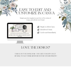 Puede incluir: Una pantalla de ordenador que muestra una plantilla de Canva para un paquete de recursos para coaches de vida. La plantilla presenta un dise&ntilde;o floral azul y blanco con el texto "The Ultimate Life Coach's Vault". El texto "DONE-FOR-YOU LIFE COACH'S VAULT BUNDLE" tambi&eacute;n es visible. El texto "EASY TO EDIT AND CUSTOMIZE IN CANVA" se muestra encima de la pantalla del ordenador. El texto "LOVE THE DESIGN?" se muestra debajo de la pantalla del ordenador. El texto "CHECK OUT MY DONE-FOR-YOU LIFE COACH'S VAULT BUNDLE TO GET MORE RESOURCES FOR YOUR BUSINESS!" se muestra debajo del texto "LOVE THE DESIGN?".