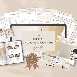 May include: A digital product bundle for course creators, featuring over 420 pages of templates, worksheets, and resources. The bundle includes a course workbook, checklist, item list, SWOT analysis, header templates, a 7-day challenge, and an irresistible lead magnet. The bundle is called "The Mega Course Creator Bundle" and is rated 5 stars.