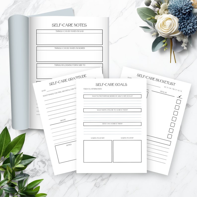 Puede incluir: Un diario de autocuidado imprimible con secciones para la gratitud, objetivos, notas y una lista de deseos. El diario tiene un dise&ntilde;o en blanco y negro con una est&eacute;tica simple y moderna.
