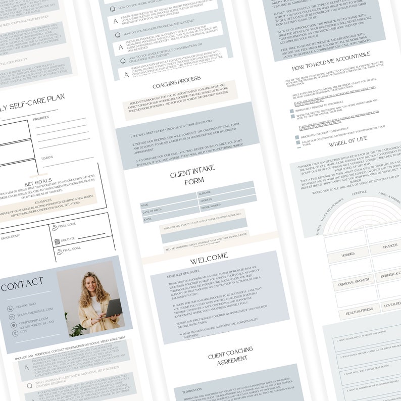 Puede incluir: Una gu&iacute;a de coaching azul y blanca con secciones para establecer objetivos, un plan de autocuidado, un formulario de admisi&oacute;n de clientes, un proceso de coaching, una bienvenida, un acuerdo de coaching de clientes y c&oacute;mo hacer que alguien sea responsable. La gu&iacute;a incluye un diagrama de la rueda de la vida.