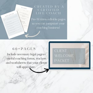Puede incluir: Una ilustraci&oacute;n digital de una pantalla de computadora port&aacute;til que muestra un paquete de bienvenida para clientes. El texto "CLIENT WELCOME PACKET" se muestra en un cuadro azul claro sobre un fondo beige. El texto "60+ PAGES" se muestra en texto negro sobre un fondo blanco. El texto "Include necessary legal pages+ useful coaching forms, trackers and worksheets that your clients will appreciate." se muestra en texto negro sobre un fondo blanco. El texto "CREATED BY A CERTIFIED LIFE COACH" se muestra en texto negro sobre un fondo azul claro. El texto "Pre-Written editable pages so you can jumpstart your coaching business!" se muestra en texto negro sobre un fondo azul claro.