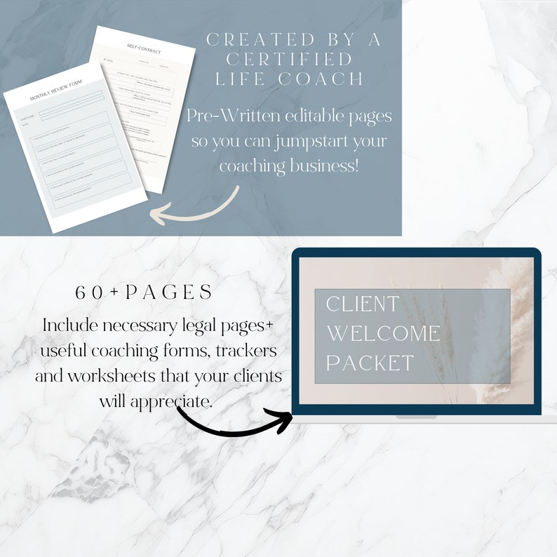 Puede incluir: Una ilustraci&oacute;n digital de una pantalla de computadora port&aacute;til que muestra un paquete de bienvenida para clientes. El texto "CLIENT WELCOME PACKET" se muestra en un cuadro azul claro sobre un fondo beige. El texto "60+ PAGES" se muestra en texto negro sobre un fondo blanco. El texto "Include necessary legal pages+ useful coaching forms, trackers and worksheets that your clients will appreciate." se muestra en texto negro sobre un fondo blanco. El texto "CREATED BY A CERTIFIED LIFE COACH" se muestra en texto negro sobre un fondo azul claro. El texto "Pre-Written editable pages so you can jumpstart your coaching business!" se muestra en texto negro sobre un fondo azul claro.