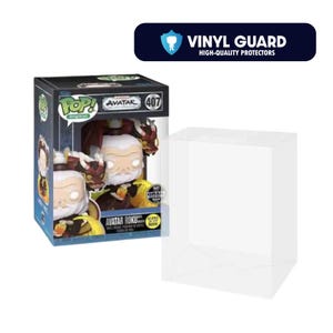 Könnte beinhalten: Eine Funko Pop! Avatar Roku Figur in ihrer Originalverpackung, neben einem transparenten Kunststoffschutz. Die Box zeigt das Pop! Digital-Logo und den Text "AVATAR ROKU" mit der Nummer 407. Ein Banner oben lautet "VINYL GUARD HIGH-QUALITY PROTECTORS."