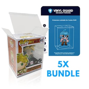 Peut inclure: Une boîte de protection en plastique transparent avec une figurine Funko Pop! à l'intérieur, représentant un personnage de Dragon Ball Z. L'image comprend également une carte de protection Vinyl Guard bleue et le texte '5X BUNDLE'.