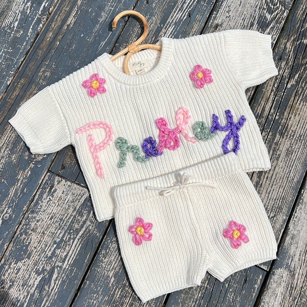 Short Sleeve Name Sweater | Embroidered Name Knit Set | Knit Sweater Set | Custom Embroidered Baby Shorts Set | Knit Name Sweater Short Set|