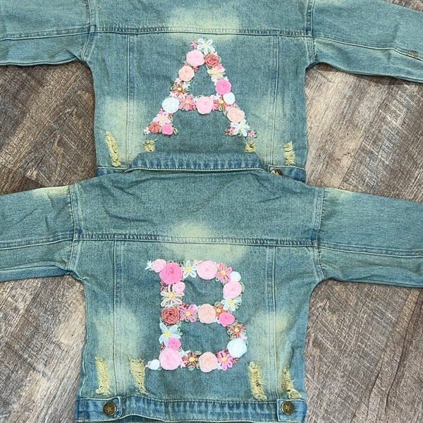 Custom Baby Jean Jacket | Hand Embroidered Jean Jacket| Floral Initial Jean Jacket |Custom Embroidered Jean Jacket| Personalized Jean Jacket