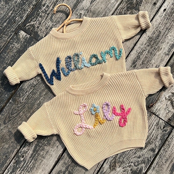 Baby Name Sweater | Hand Embroidered Baby Sweater |Custom Baby Sweater | Embroidered Baby and Toddler Sweater | Baby Toddler Kids Gift