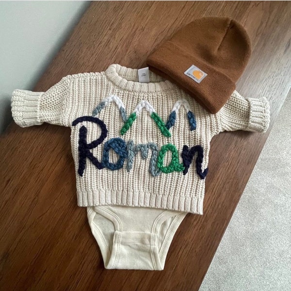 Newborn Sweater | 0-3M Sweater | Custom Embroidered Baby Sweater | Hand Embroidered Name Sweater | Name Sweater| Baby Name Announcement