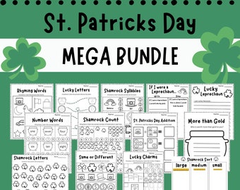 Lot pour enfants de la Saint-Patrick : feuilles d'exercices de mathématiques, d'écriture et d'alphabétisation à téléchargement numérique