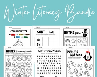 Winter Literacy Bundle: Preschool Kindergarten Worksheets (Digital Download)