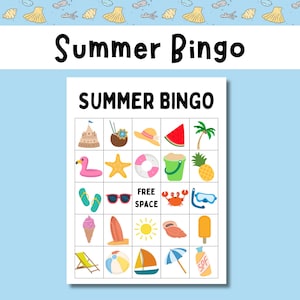 May include: A summer bingo card with images of summer-themed items like a beach umbrella, a seashell, a pineapple, a coconut, a watermelon, a beach ball, a surfboard, a crab, a pair of flip flops, a pair of sunglasses, a life preserver, a bucket and spade, a popsicle, a beach chair, a sailboat, a starfish, a flamingo float, a sun, a beach towel, a pair of goggles, a scoop of ice cream, and a bottle of sunscreen.
