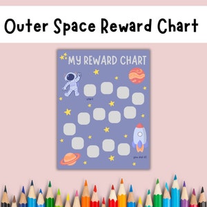宇宙をテーマにした、子供や幼児向けの印刷可能な報酬表、行動と家事の追跡ツール