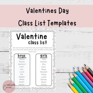 Plantilla de lista de clases del Día de San Valentín, plantilla Canva editable, descarga instantánea