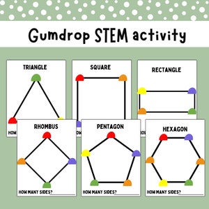 May include: An educational worksheet titled "Gumdrop STEM activity" featuring geometric shapes. The shapes include a triangle, square, rectangle, rhombus, pentagon, and hexagon, each with colourful gumdrop-style dots at the vertices.
