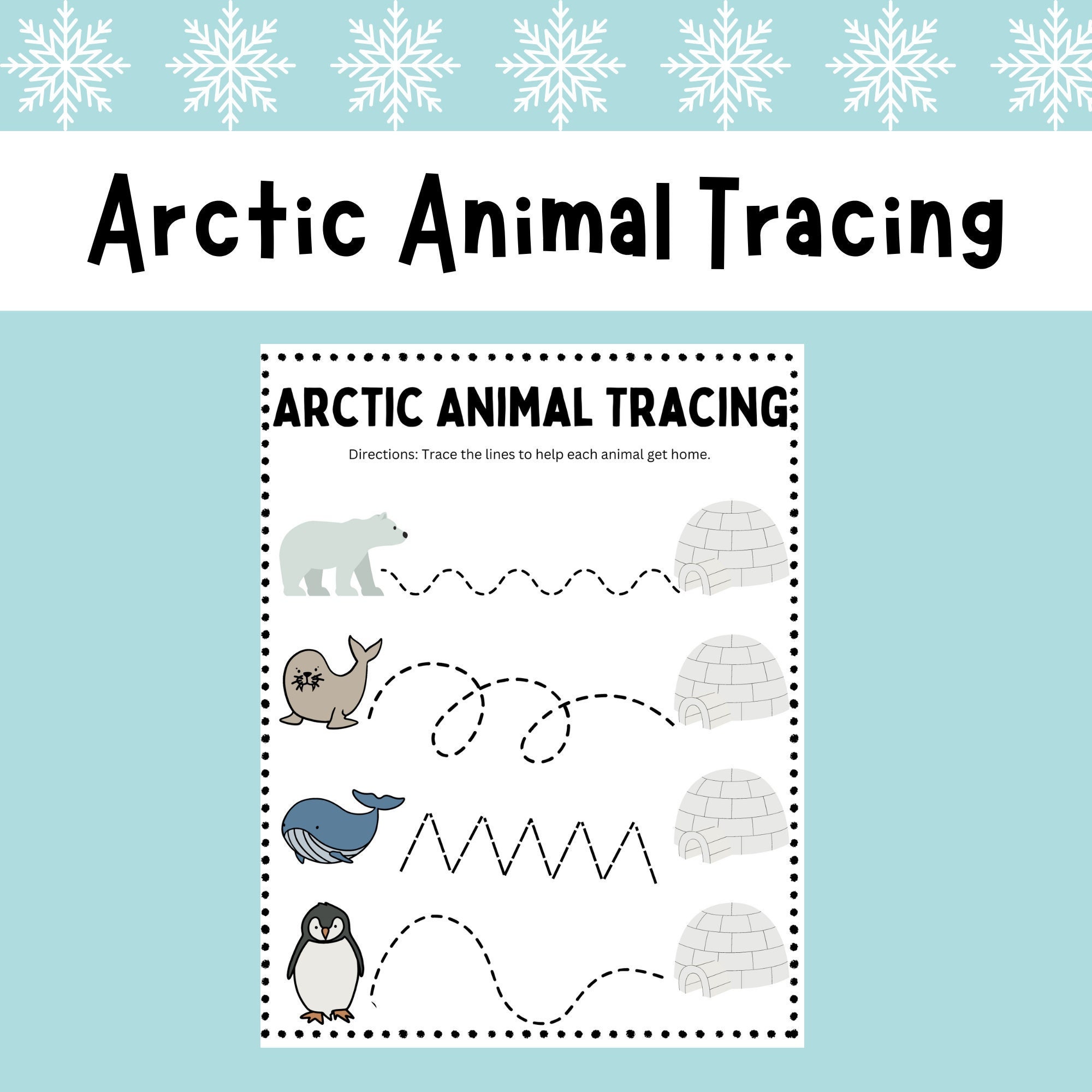 Preschool Arctic Animal Tracing Practice Digital Printable Worksheet Etsy