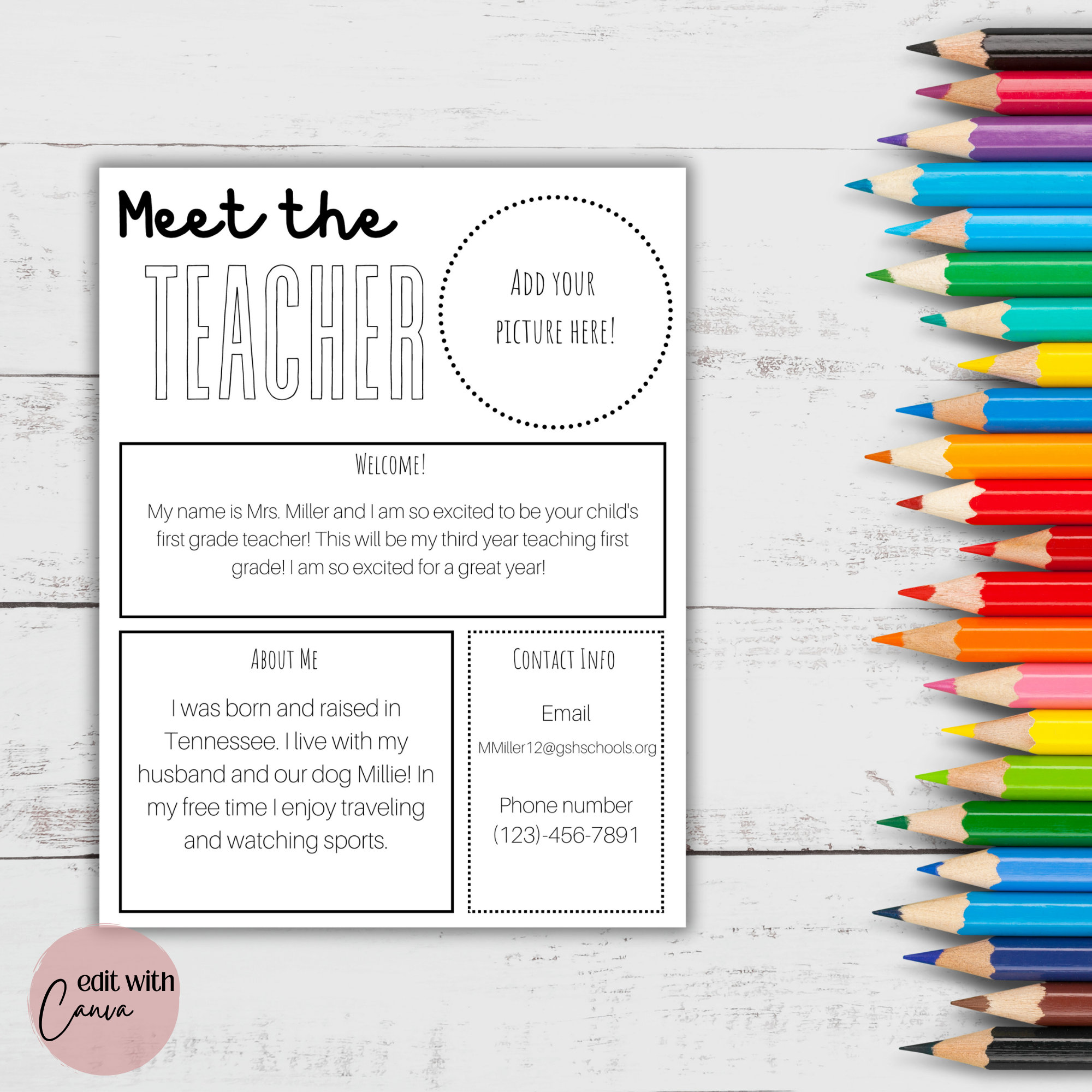 Editable Teacher Introduction Template for First Day of School on Canva Editable Teacher Introduction Template for First Day of School on Canva