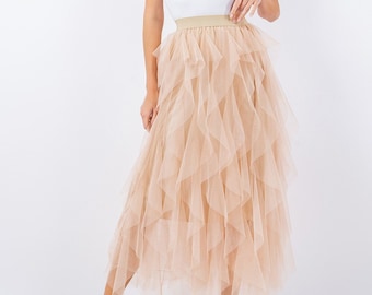 Ruffle Asymmetric Tulle Skirt