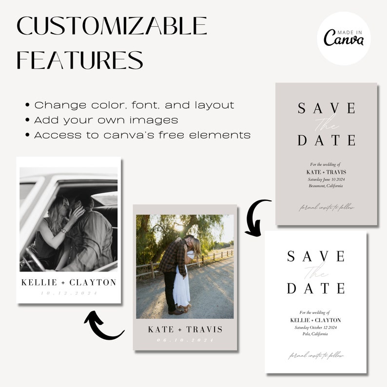 May include: Two customizable save the date cards with a minimalist design. The cards feature a black and white photo of a couple and the text "Save the Date" in a simple font. The text "For the wedding of" is followed by the couple's names and wedding date. The cards are perfect for a modern wedding.