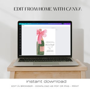 May include: A digital invitation for a bridal shower honoring Kellie Hough. The invitation features a watercolor illustration of a champagne bottle with a pink bow. The text on the invitation reads "Please join us for a bridal shower honoring Kellie Hough, August 1, 2024, The Borton House, Redlands, CA 92375."