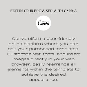 May include: Text graphic that reads "Edit in your browser with Canva" with a white circle containing the text "Made in Canva" in black text. Below the graphic is text that reads "Canva offers a user-friendly online platform where you can edit your purchased templates. Customize text, fonts, and insert images directly in your web browser. Easily rearrange all elements within the template to achieve the desired appearance."