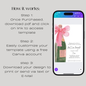 May include: A digital mockup of a printable bridal shower invitation featuring a watercolor illustration of a champagne bottle with a pink bow. The text on the invitation reads "Please join us for a bridal shower honoring Kellie Hough August 12024 11:00 am The Barton House 11245 Nevada St Redlands, CA 92373 registered at target and amazon"