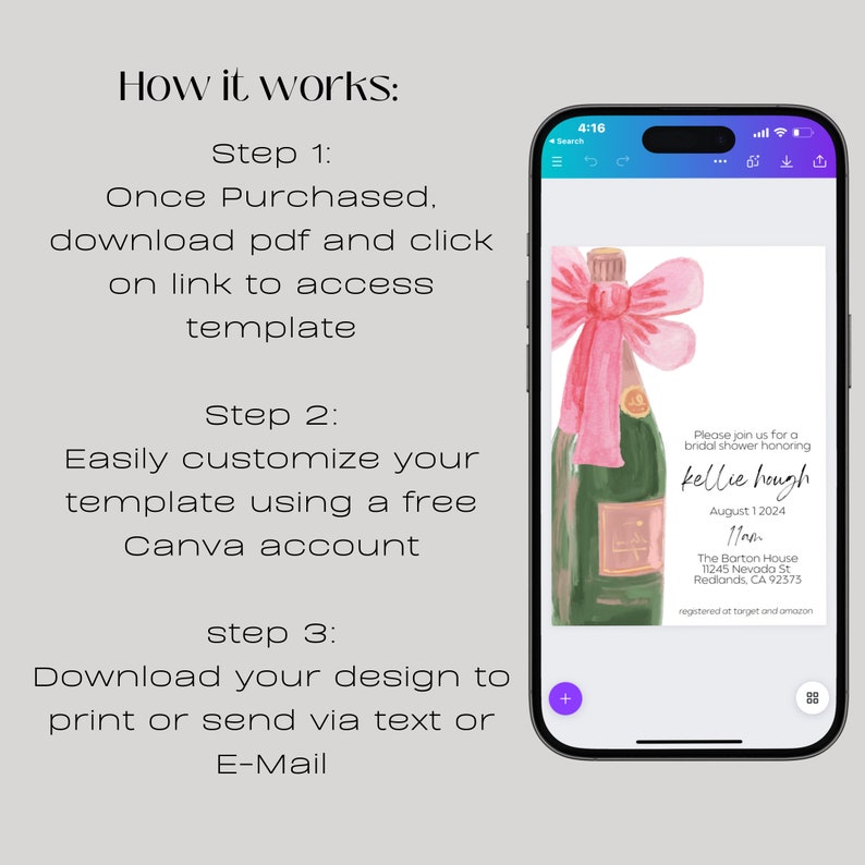 May include: A digital mockup of a printable bridal shower invitation featuring a watercolor illustration of a champagne bottle with a pink bow. The text on the invitation reads "Please join us for a bridal shower honoring Kellie Hough August 12024 11:00 am The Barton House 11245 Nevada St Redlands, CA 92373 registered at target and amazon"