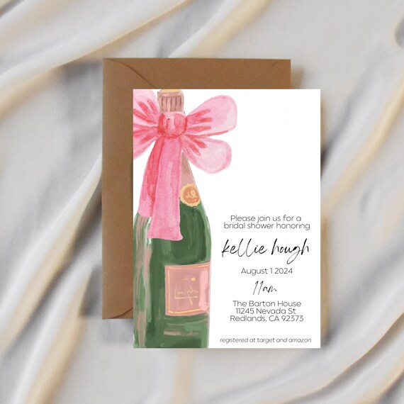 Pink and Green Champagne Bridal Shower Invite | Elegant Bridal Shower Invite | Bridal Shower Invite Template | Canva | Editable Template