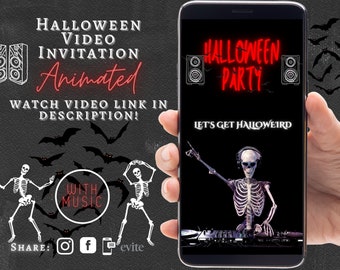 May include: A smartphone displaying a Halloween party invitation with a skeleton DJ and the text "Halloween Party" and "Let's Get Halloweird". The invitation is on a black background with bats flying around.