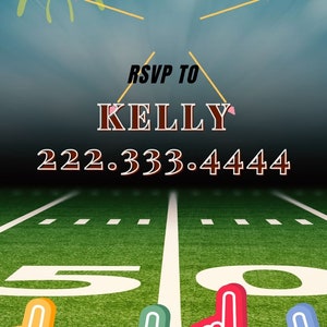 May include: A football field with a green grass surface and white lines. There are four foam hands with different messages: #1, Winner, Fan, and Go! The text "RSVP to KELLY 222.333.4444" is at the top of the image.