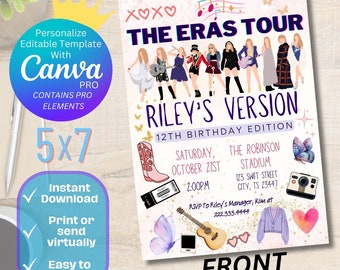 May include: Pink and white printable invitation for a 12th birthday party. The invitation features a cartoon illustration of a group of women in various outfits, with the text "The Eras Tour Riley's Version 12th Birthday Edition". The invitation also includes details about the party, such as the date, time, and location.