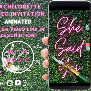 May include: A smartphone displaying a pink neon sign that says "She Said Yes" with a champagne bottle popping in the background. The phone is being held by a hand in front of a green leafy wall.