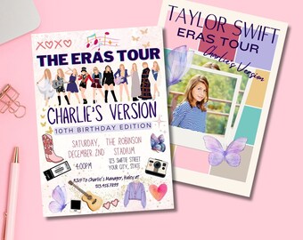 May include: A pink and purple birthday invitation featuring a cartoon illustration of Taylor Swift in different eras. The invitation is for a 10th birthday party and includes the text "The Eras Tour Charlie's Version".