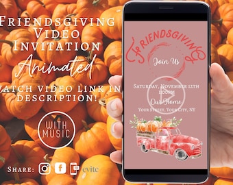 May include: A smartphone displaying a video invitation for a Friendsgiving celebration. The invitation features a red pickup truck with pumpkins in the bed, a wreath with the words "Friendsgiving" and "Join Us", and the date and time of the event. The background is a soft pink color.