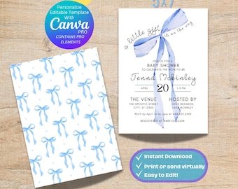 Editable A Little Gift is on the Way Baby Shower Invitation, Baby Boy Shower Invitation Template, Blue Bow Baby Shower Invitation