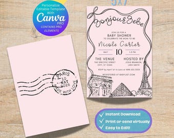 Bewerkbare Bonjour Bebe babyshower uitnodiging, sjabloon babyshower babymeisje, Franse babyshower uitnodiging, uitnodiging Eiffeltoren