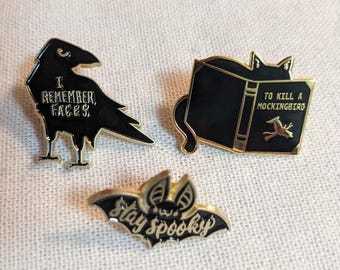 Enamel Pins: Bat, Cat, or Crow!