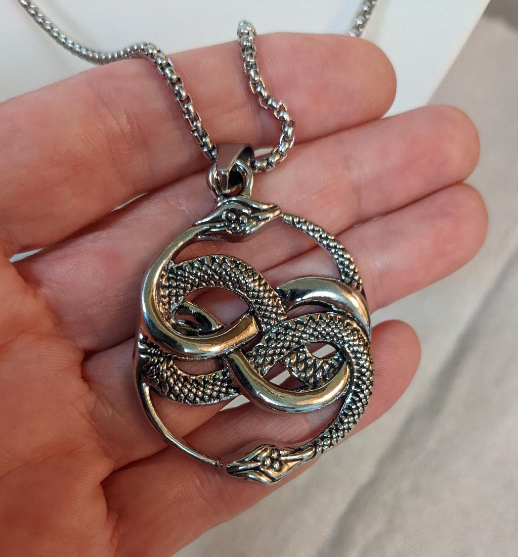 Solid 14k Gold Ouroboros Serpent Pendant Necklace - Snake Biting Tail Symbol - View #4