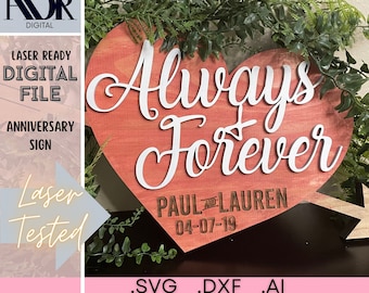 SVG Always and Forever Heart Sign Template, Laser Cut File, Anniversary, Cute Couples Sign, 18" and 21" Size